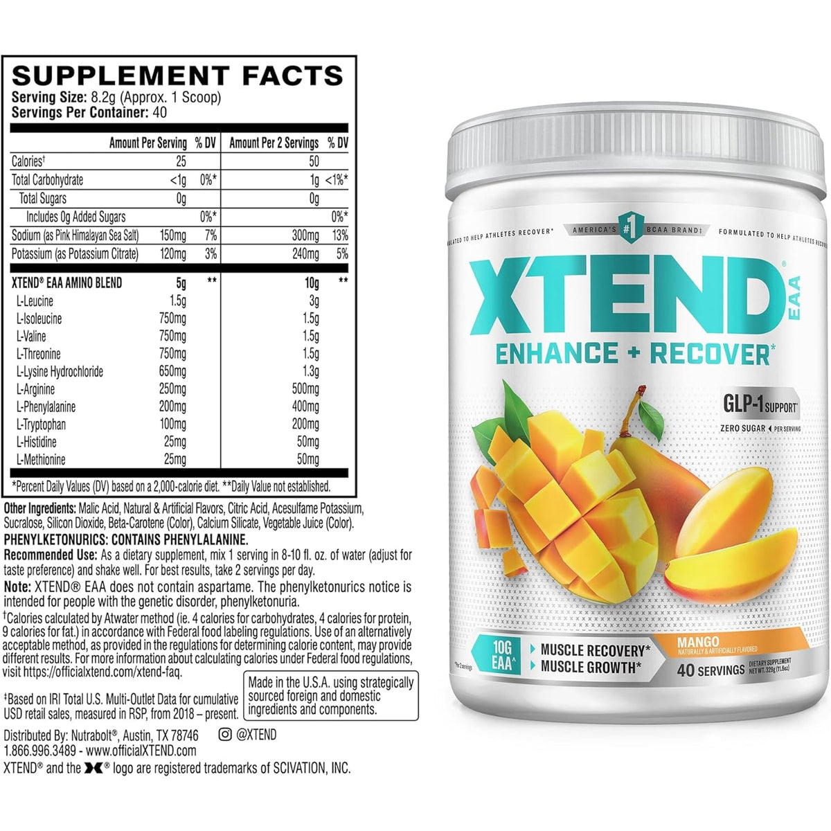 Xtend EAA + BCAA Powder for Muscle Recovery & Lean Muscle Growth, 9 Essential Amino Acids for Intra Workout or Post Workout Recovery, 10G Eaas per 2 Servings, Mango 40 Servings