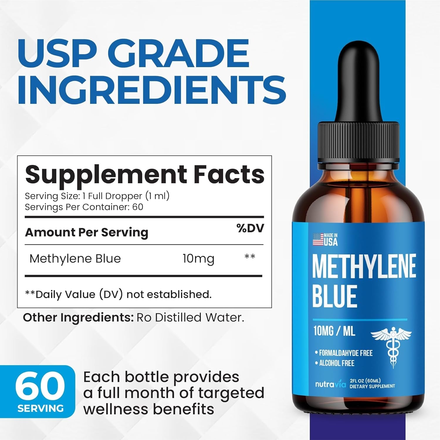 Methylene Blue Drops 1% USP Grade Third Party Lab Tested - USA Made - Formaldehyde Free, Increased Absorption, Blue Methylene Supreme Supplement for Humans, Methane Azul De Metileno Para Humanos (2Oz)