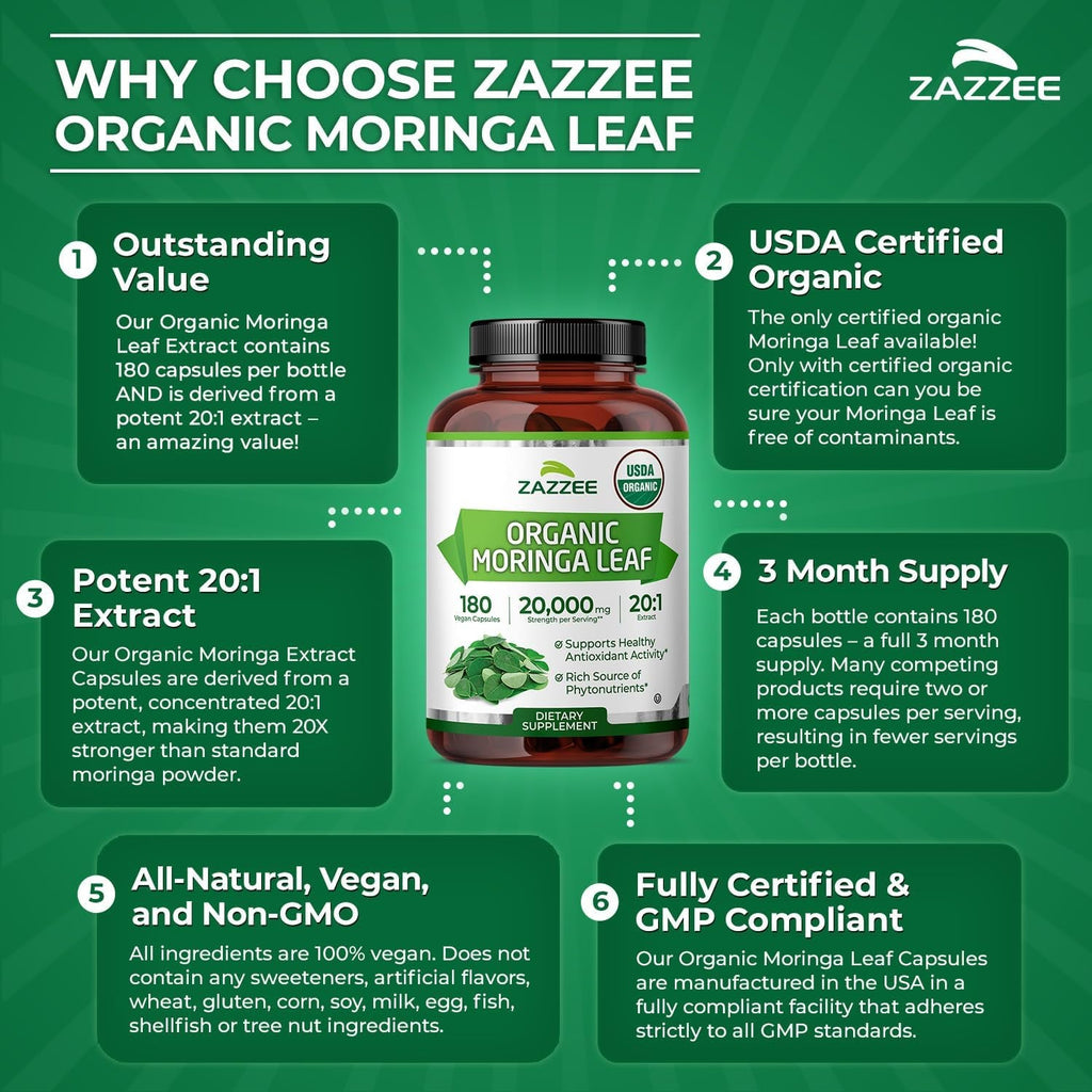 Zazzee USDA Organic Moringa Leaf 20:1 Extract, 180 Vegan Capsules, 3 Month Supply, Certified Kosher, Moringa Oleifera, Antioxidant, Immune & Cellular Support, Superfood Supplement, Made in the USA