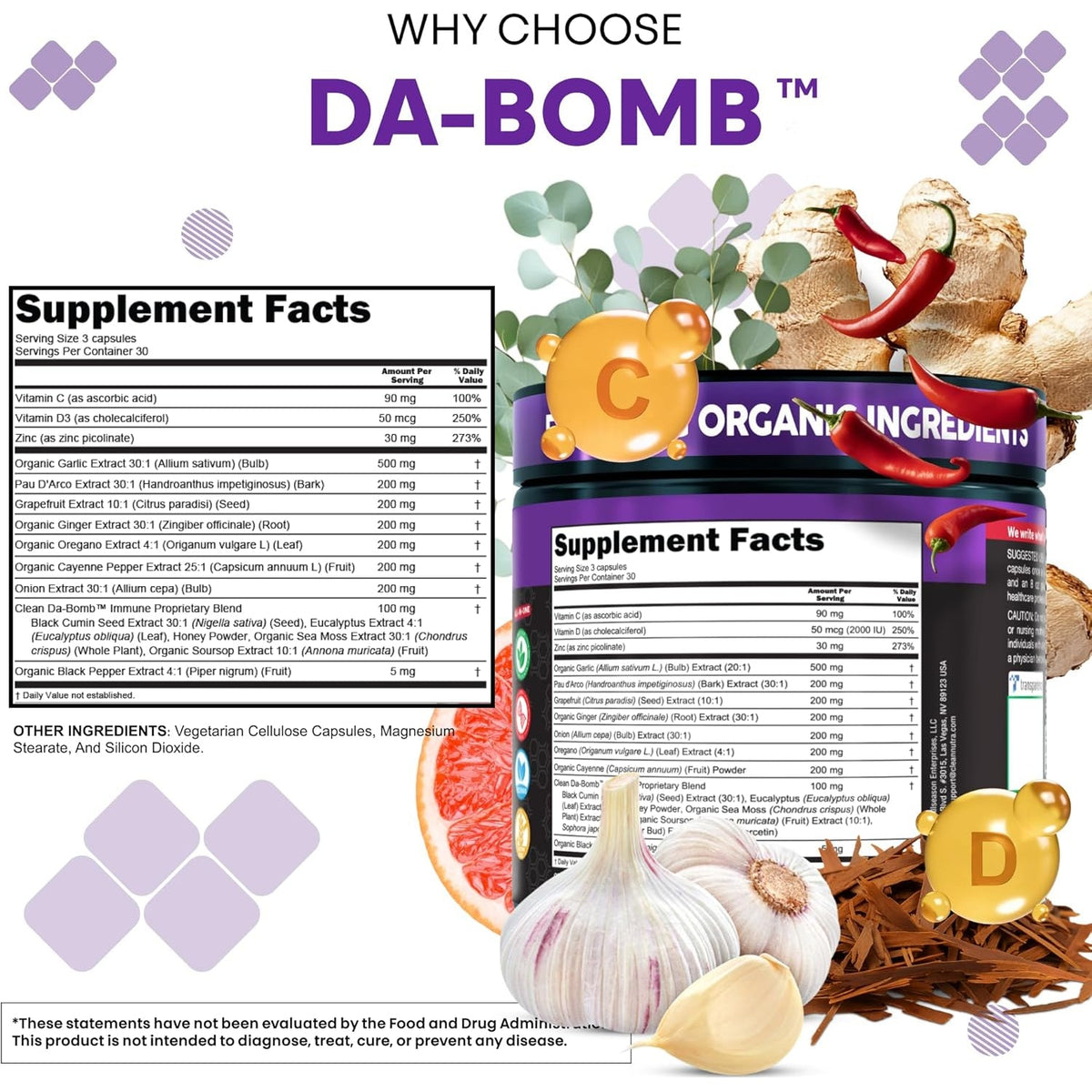 Organic Immune Support with PAU D'Arco Garlic Cayenne Pepper Oregano Ginger Grapefruit Onion Black Seed Sea Moss Black Pepper Zinc Eucalyptus Vitamin C Vitamin D Organic Soursop by Clean Nutra
