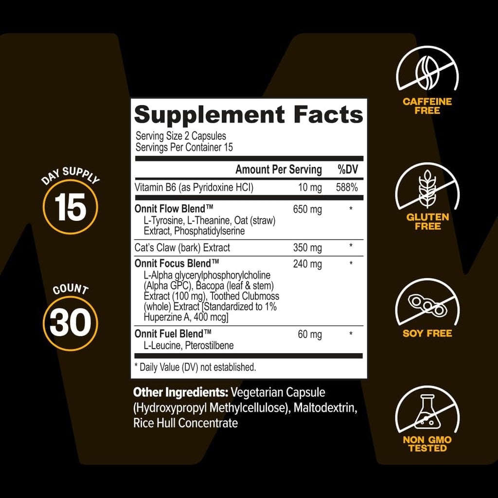 ONNIT Alpha Brain Nootropic Brain Supplement for Focus, Memory, Mental Clarity, Cognitive Support with L-Theanine and Vitamin B6, 30 Count Capsules