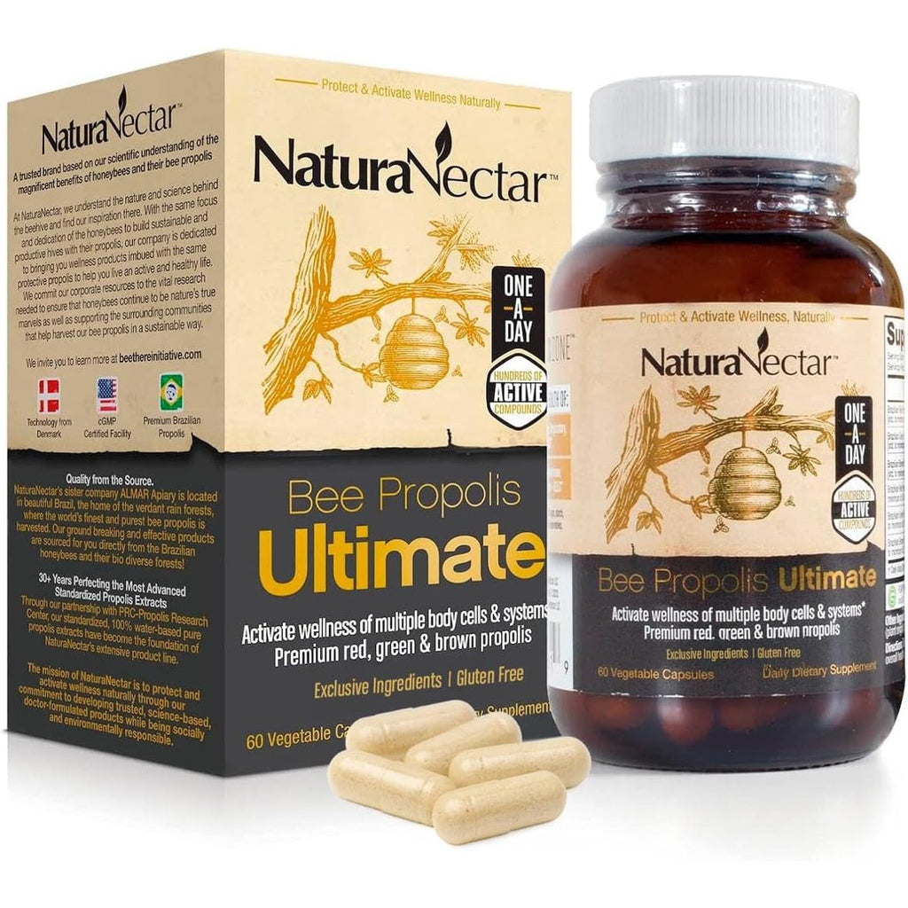 Naturanectar - Ultimate Bee Propolis Capsules - NSF Contents Certified -Brazilian Red, Brown, & Green - Gluten-Free Supplement with Flavonoids - Naturally Sourced through Ethical Beekeeping (60Pcs.)