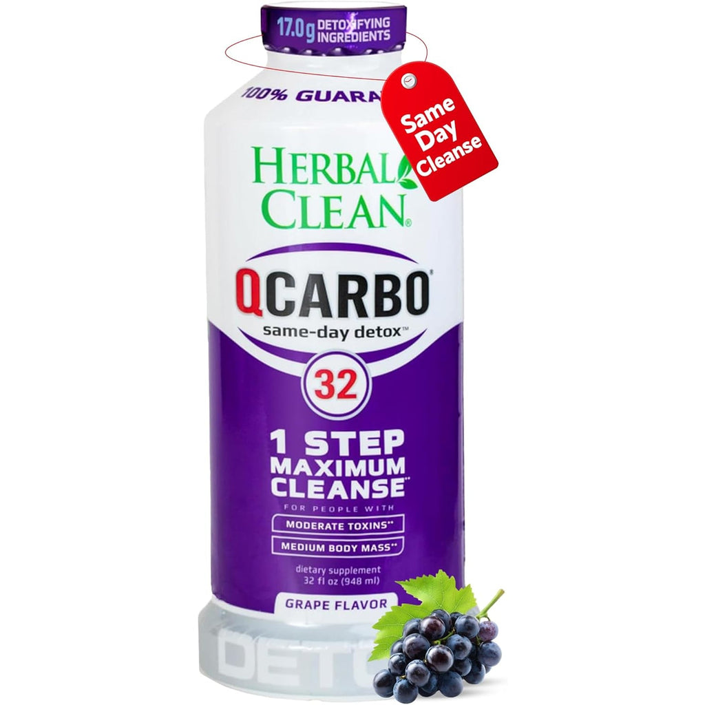 Herbal Clean Qcarbo32 Same Day Detox Cleanse Drink (32 Fl Oz) - Grape Flavor Full Body Cleanse* Detox Drink for Moderate Toxin Level*, Vitamin B2 and Vitamin B12 for Men & Women