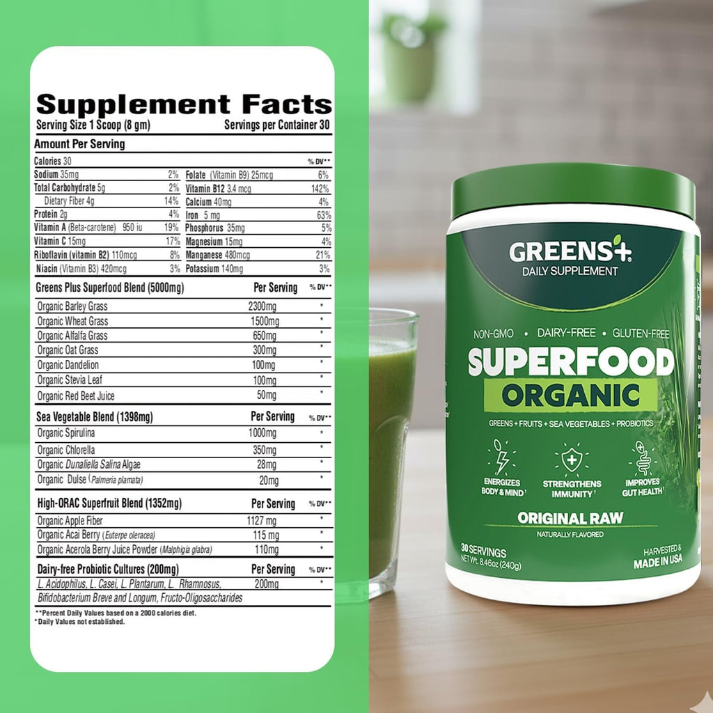 Greens+ Organic RAW Superfood Powder, Super Blend Immune Support, Morning Kick, Energy Boost, Nutrition Vibrant Health, Dietary Supplement, Vegan Soy/Dairy/Gluten Free(8.46Oz)