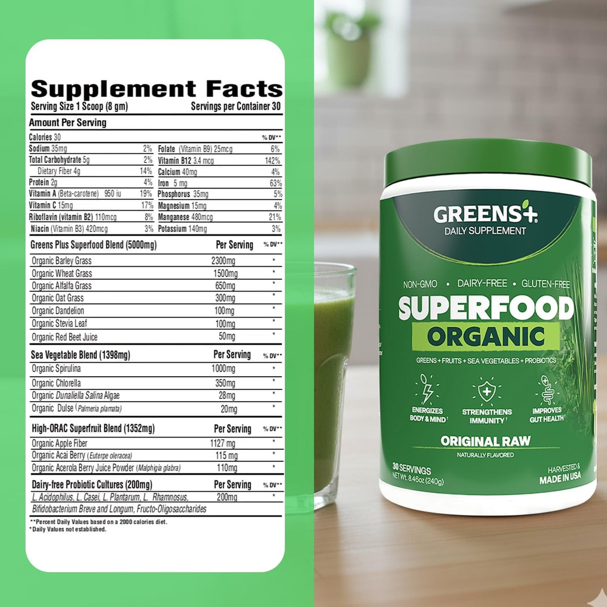 Greens+ Organic RAW Superfood Powder, Super Blend Immune Support, Morning Kick, Energy Boost, Nutrition Vibrant Health, Dietary Supplement, Vegan Soy/Dairy/Gluten Free(8.46Oz)