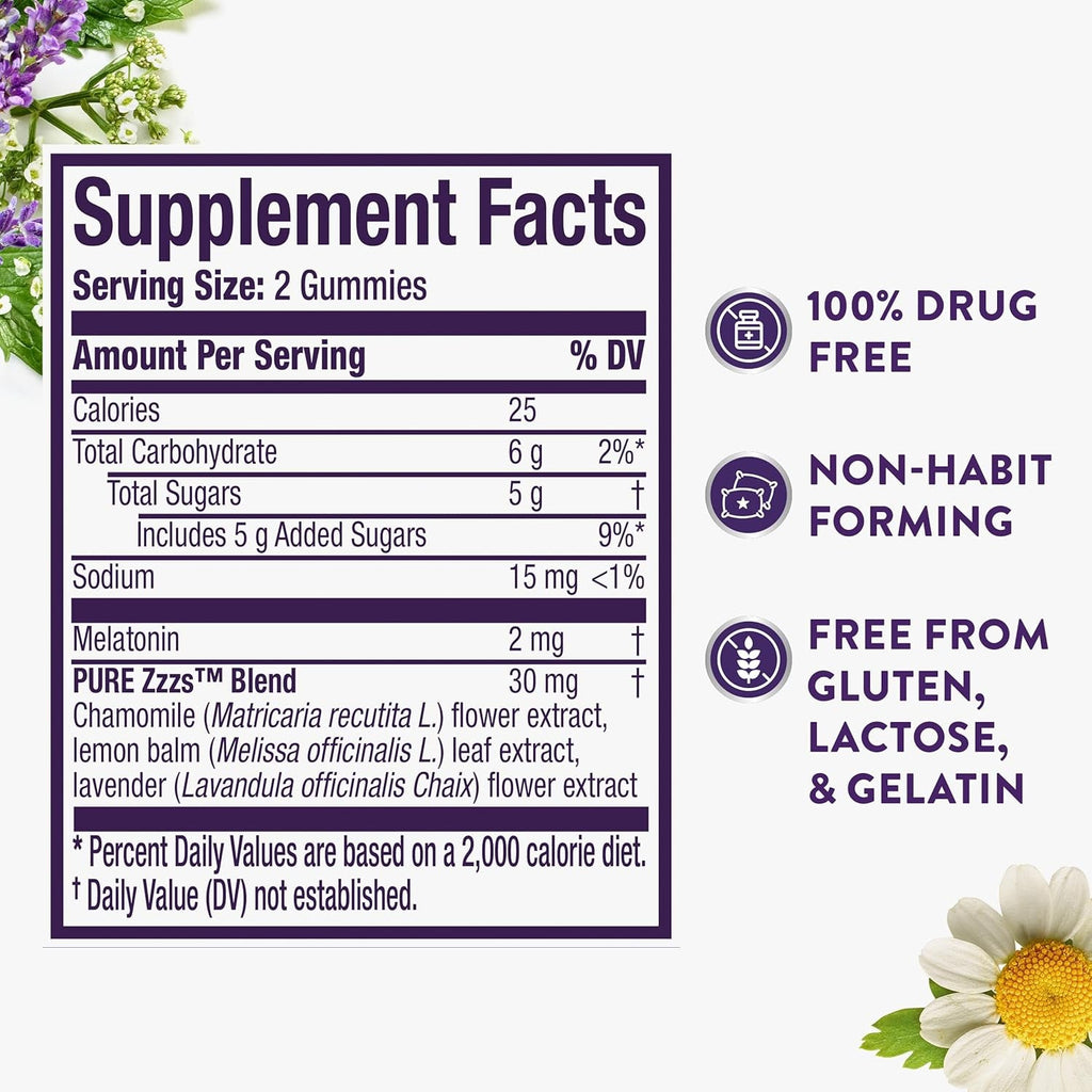 Zzzquil Pure Zzzs Melatonin Gummies, Sleep Aid, Melatonin 2Mg, with Chamomile & Lavender, Melatonin Sleep Gummies, Sleep Aids for Adults, Wildberry Vanilla Flavored, 24 Sleep Gummies