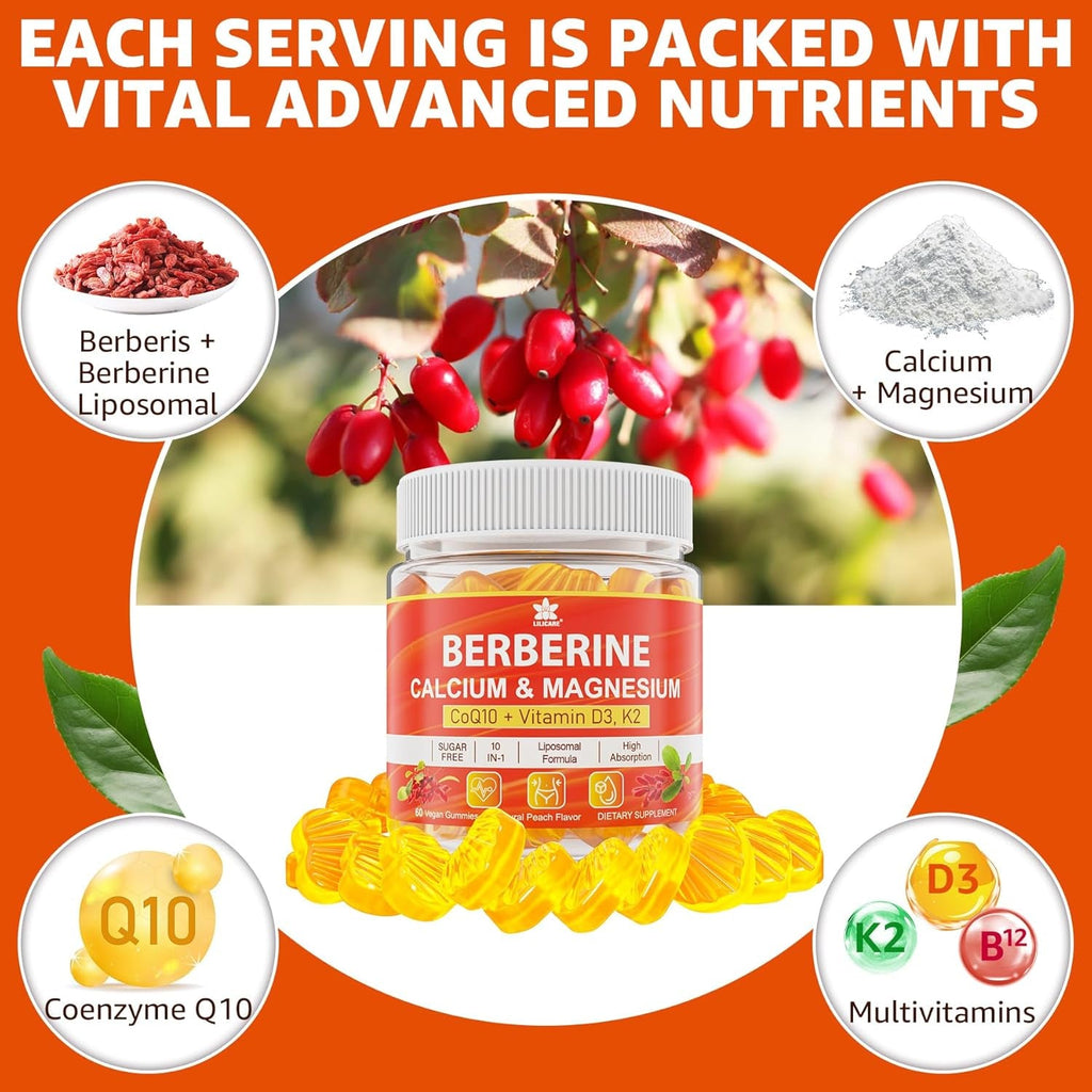 LILICARE Berberine Gummies Sugar Free, Extra Absorption with Liposomal Berberine & Berberine HCI, Calcium, Magnesium, AMPK Activitor for Sugar & Level, Energy, Metabolism,Vegan, Pack of 1