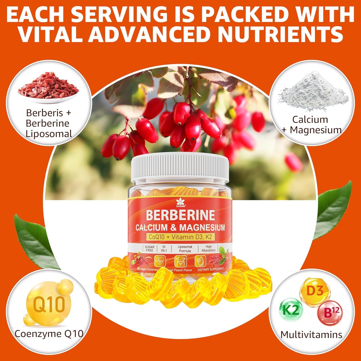 LILICARE Berberine Gummies Sugar Free, Extra Absorption with Liposomal Berberine & Berberine HCI, Calcium, Magnesium, AMPK Activitor for Sugar & Level, Energy, Metabolism,Vegan, Pack of 1