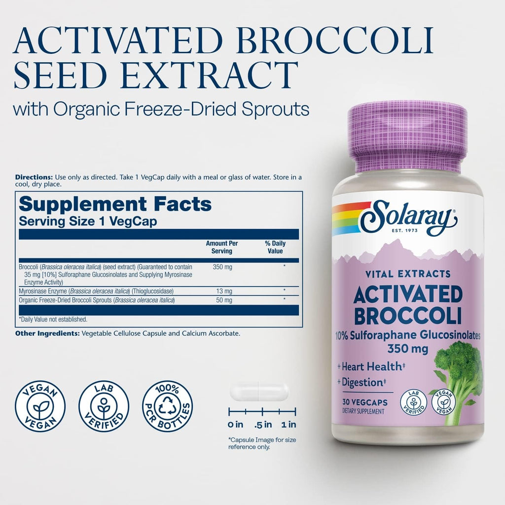 SOLARAY Activated Broccoli Seed Extract 350 Mg, 10% Sulforaphane Glucosinolates for Antioxidant Support, Heart Health and Digestive Support, Vegan and Lab Verified, 30 Servings, 30 Vegcaps