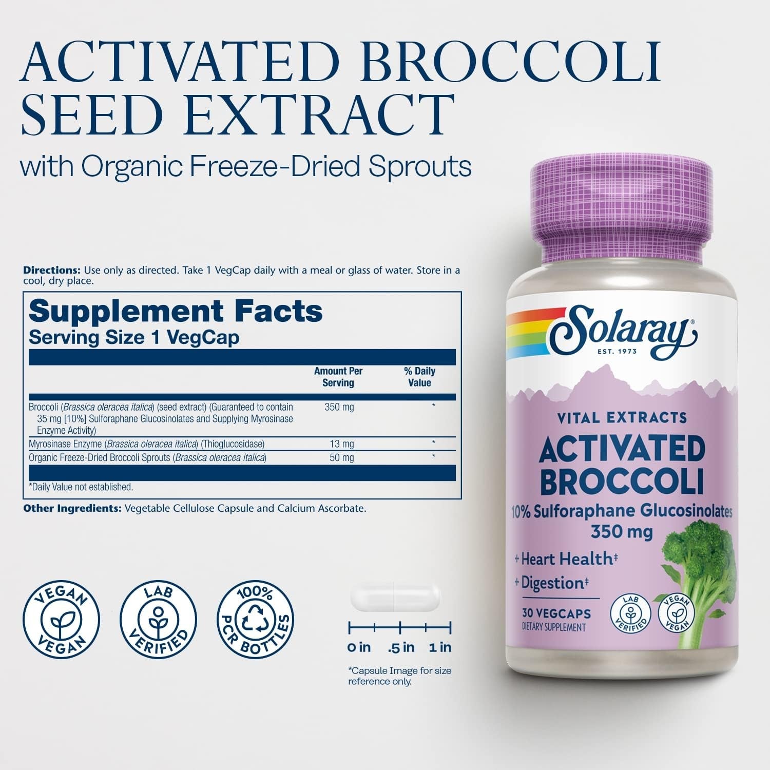 SOLARAY Activated Broccoli Seed Extract 350 Mg, 10% Sulforaphane Glucosinolates for Antioxidant Support, Heart Health and Digestive Support, Vegan and Lab Verified, 30 Servings, 30 Vegcaps