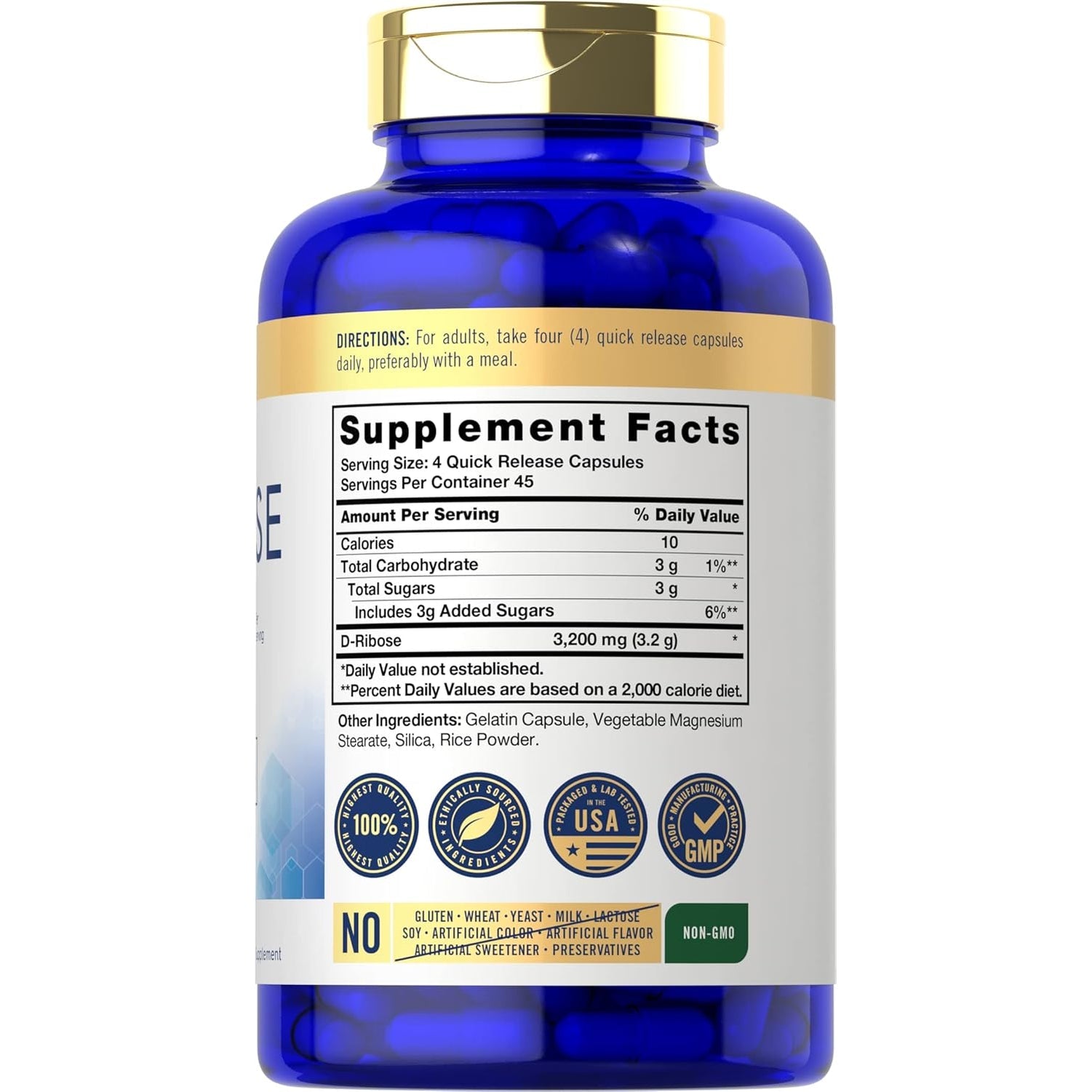 Carlyle D-Ribose Capsules | 3200Mg | 180 Pills | Advanced Formula | Non-Gmo, Gluten Free Supplement