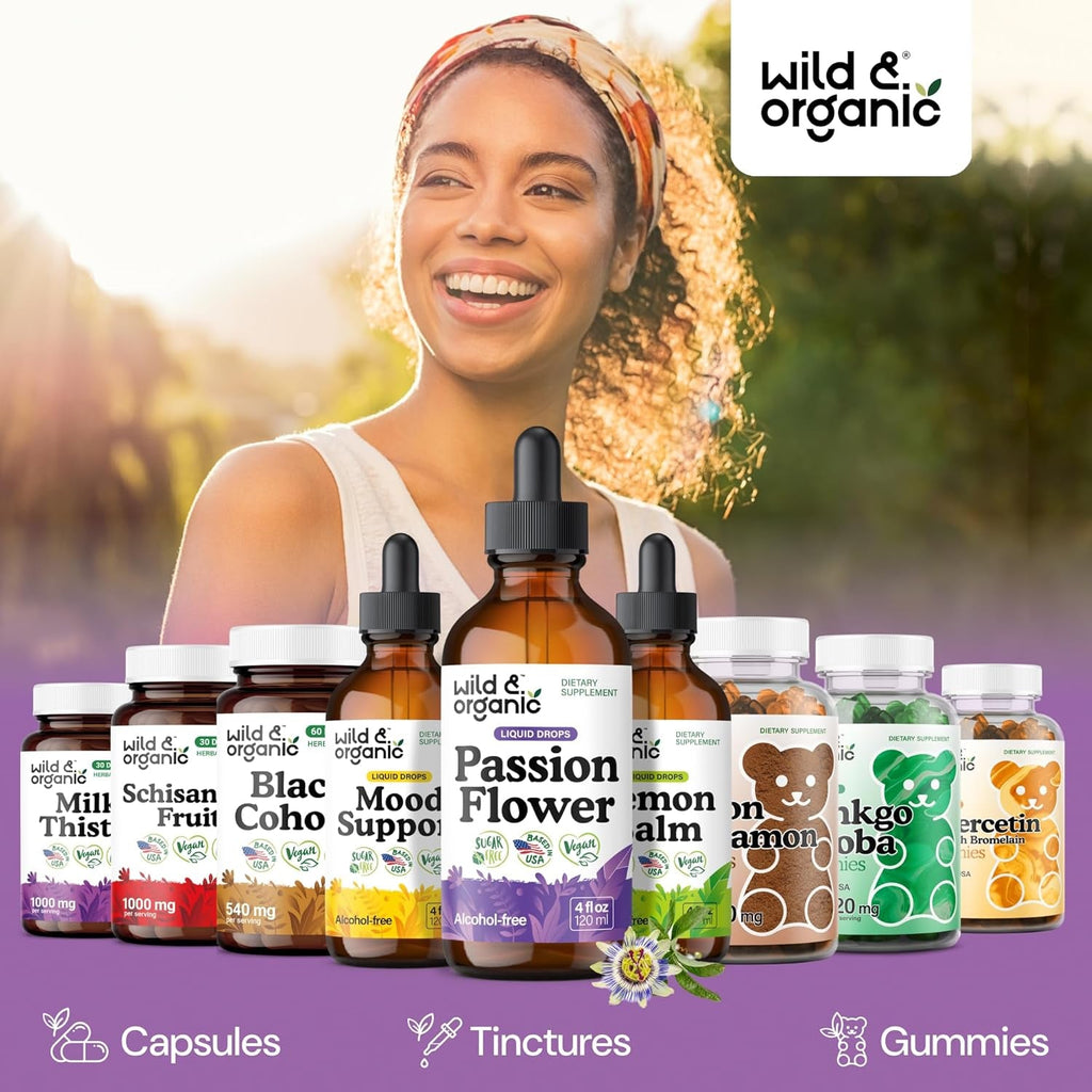 Wild & Organic Passion Flower Tincture - Mood Support - Calming Passionflower Supplement - Passiflora Incarnata Liquid Extract - Vegan, Sugar & Alcohol-Free Herb Drops - 4 Fl Oz