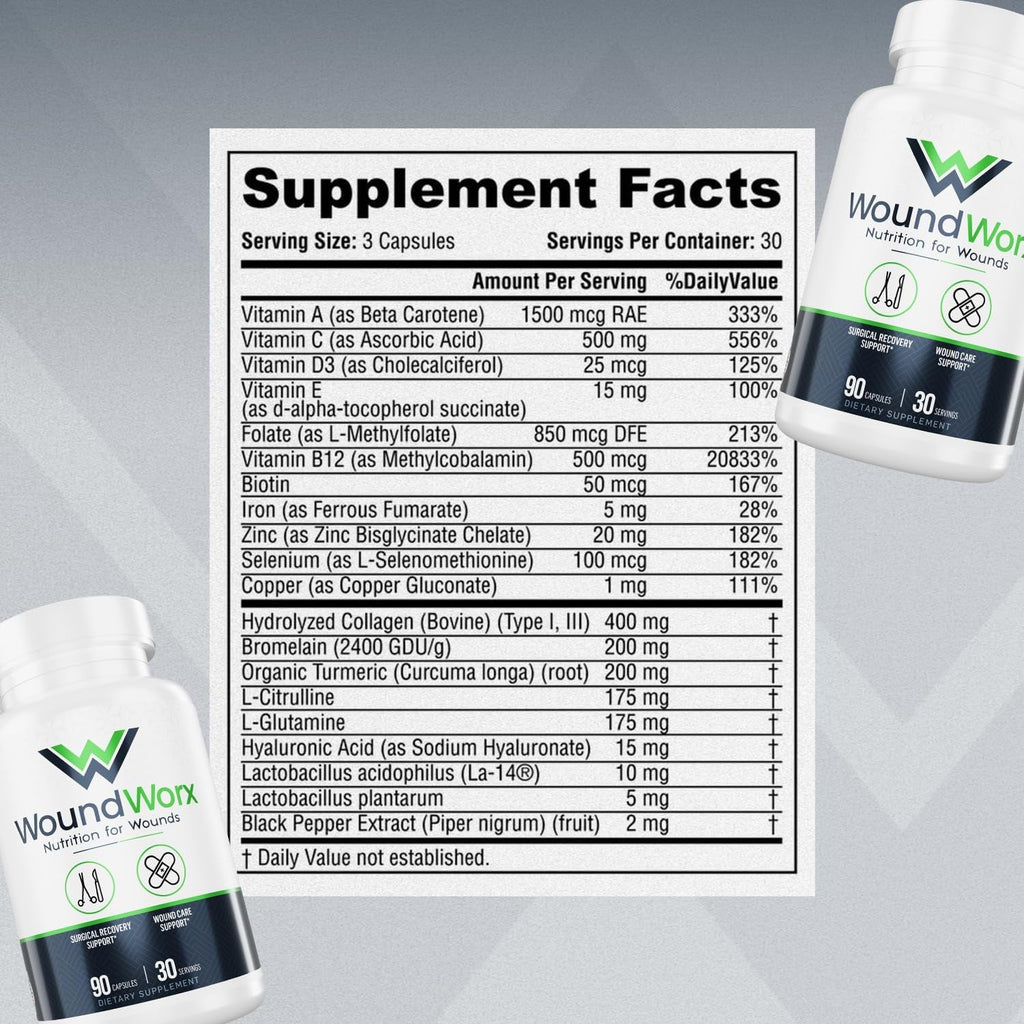 Free Life Labs Woundworx Nutrition-Scar and Surgery Support, Wound Care, General and Plastic Surgery, Faster Healing W/Vitamins, Amino Acids, Collagen, Probiotics, Turmeric, Bromelain-90 Caps