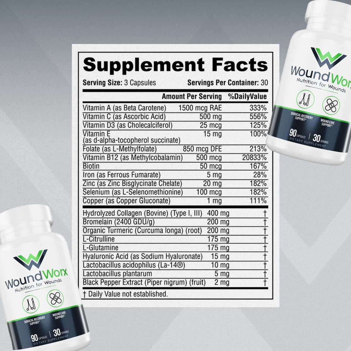 Free Life Labs Woundworx Nutrition-Scar and Surgery Support, Wound Care, General and Plastic Surgery, Faster Healing W/Vitamins, Amino Acids, Collagen, Probiotics, Turmeric, Bromelain-90 Caps