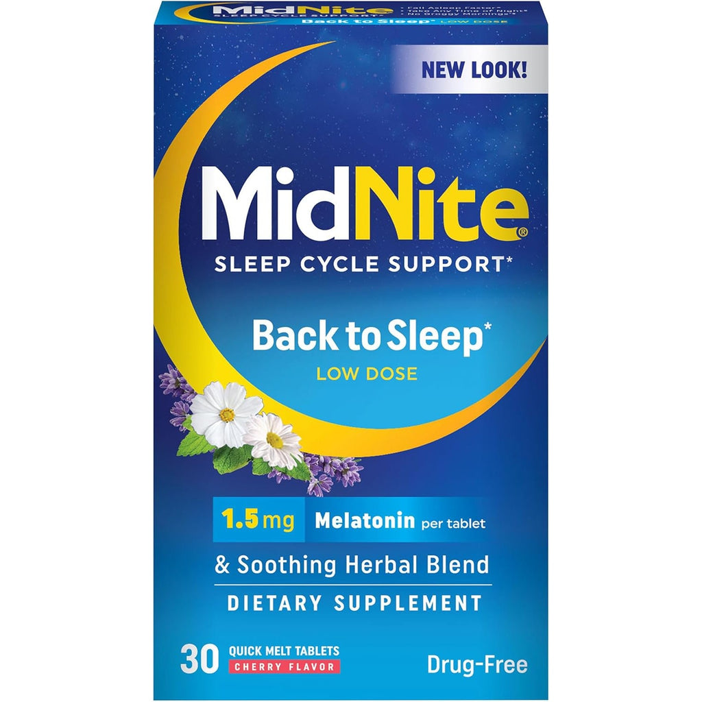 Midnite Back to Sleep Low Dose, 1.5 Mg Melatonin Sleep Aid, Non-Habit Forming, Herbal Dietary Supplement for Adults, Drug-Free, Gluten-Free & Lactose-Free, Vegetarian, Vegan, 30 Quick Melt Tablets