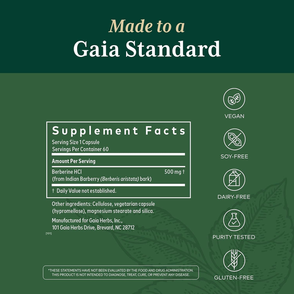 GAIA HERBS PRO Berberine Metabolic - Supplement Supplement with Berberine HCI - Vegan, Gluten-Free, Soy-Free - 60 Capsules (60 Servings)