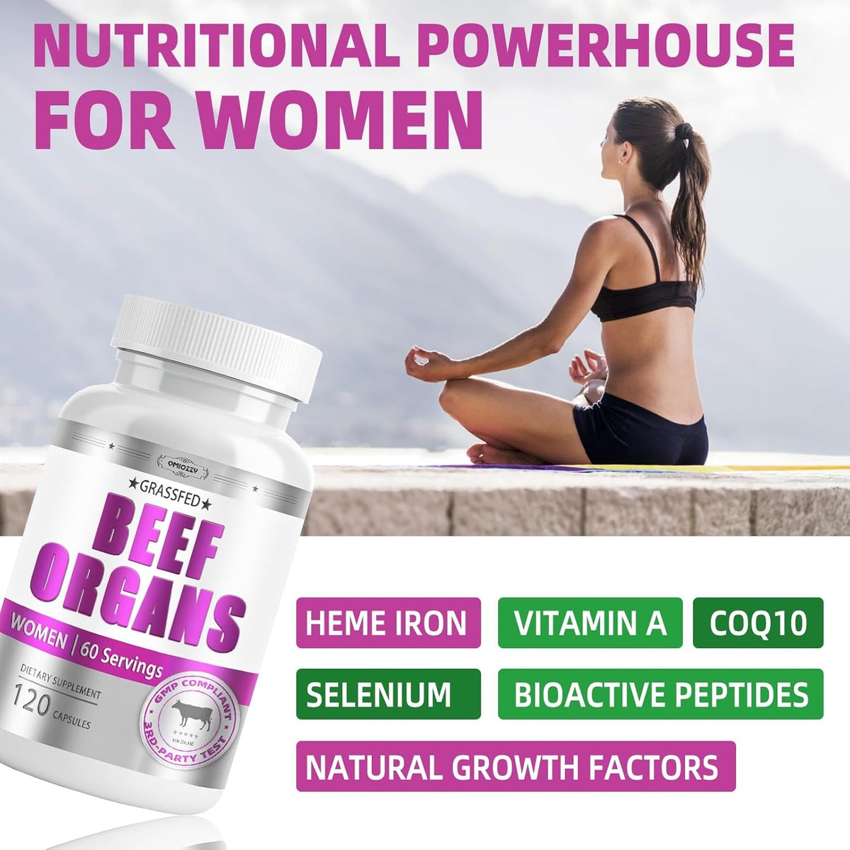 Beef Organ Supplement for Women - Grass Fed Beef Liver Organs with Heart, Uterus, Ovaries, Kidney, Bone Marrow, Supports Female Energy and Health, Pasture Raised, No Fillers, 60 Servings, 120 Capsules