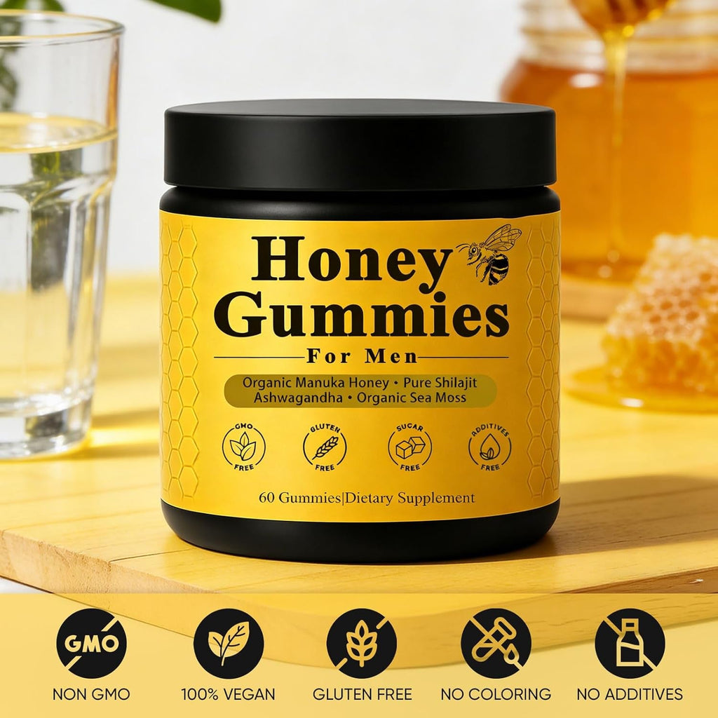 Honey Gummies for Men, Vitality Booster Manuka Honey Gummies, with Shilajit, Ashwagandha, Sea Moss, Improves Endurance, Lowers Cortisol, Reduces Fatigue, Vegan, Non-Gmo (60 Gummies) (1)