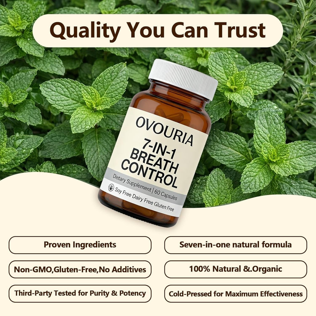 Ovouria Breath and Gut Balance - 7-In-1 Breath Control, Targets Bad Breath at the Gut Root, Natural Ingredients with Probiotics, Vegan Gluten-Free, 60 Capsules(1Pc)