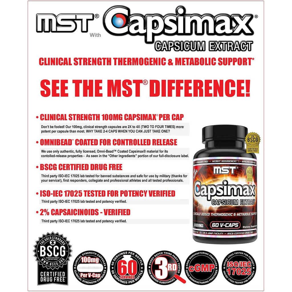 MST Capsimax Supplement 100Mg V Capsules, 60 Servings Clinically Dosed Weight Management, Thermogenic, Appetite Control, Calorie Burning, Metabolic Health, Stimulant Free. BSCG Certified