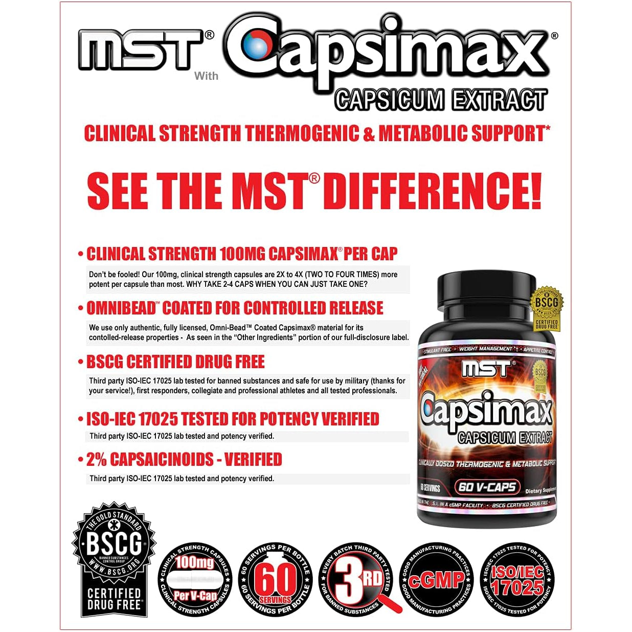 MST Capsimax Supplement 100Mg V Capsules, 60 Servings Clinically Dosed Weight Management, Thermogenic, Appetite Control, Calorie Burning, Metabolic Health, Stimulant Free. BSCG Certified