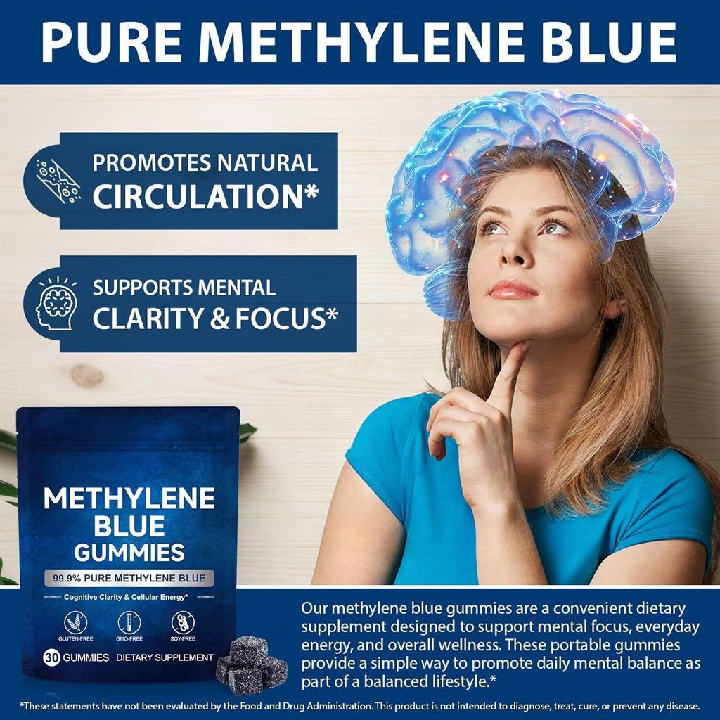 Methylene Blue Gummies 5Mg per Serving, Supports Cognitive Function, Cellular Energy, Mental Focus, Antioxidant Activity, 99.9% Pure | 30 Gummies