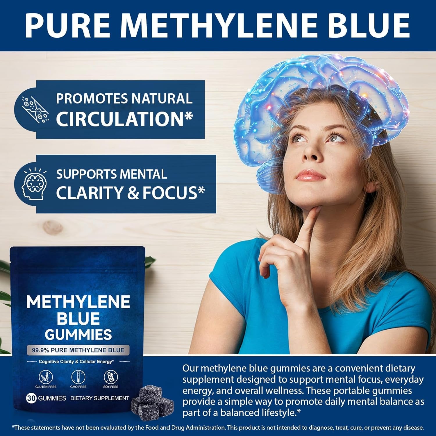Methylene Blue Gummies 5Mg per Serving, Supports Cognitive Function, Cellular Energy, Mental Focus, Antioxidant Activity, 99.9% Pure | 30 Gummies