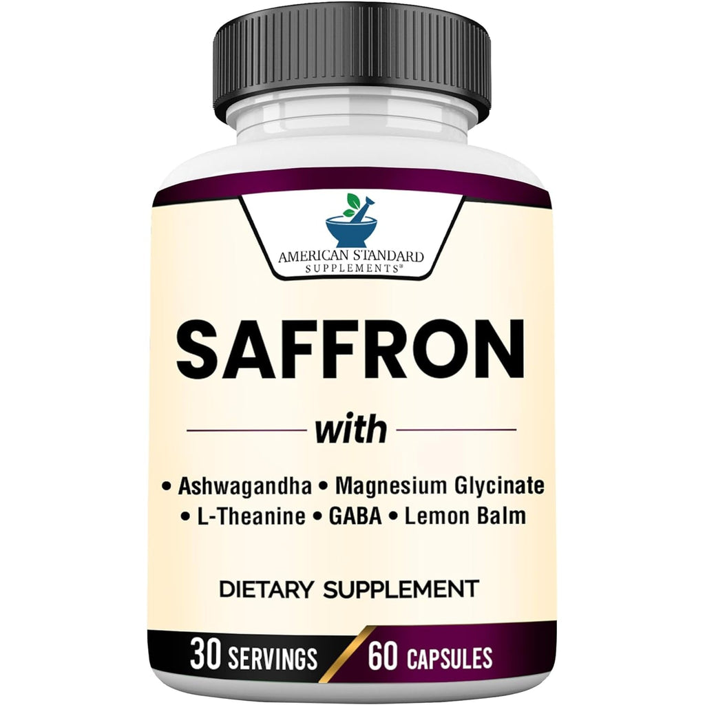 American Standard Supplements Saffron Extract 100Mg per Serving with Magnesium Glycinate, Ashwagandha, L-Theanine, GABA, Lemon Balm, Vegan, Non-Gmo, 60 Capsules
