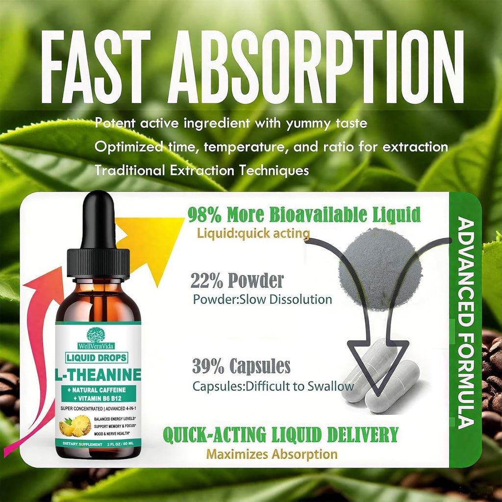Wellveravida L Theanine Caffeine Liquid Drops, High Potency L-Theanine 100Mg W. Caffeine Vitamin B12 B6, Natural Nootropic Brain for Smooth Energy Focus Alertness, 6X Stronger than Pills Powder Gum