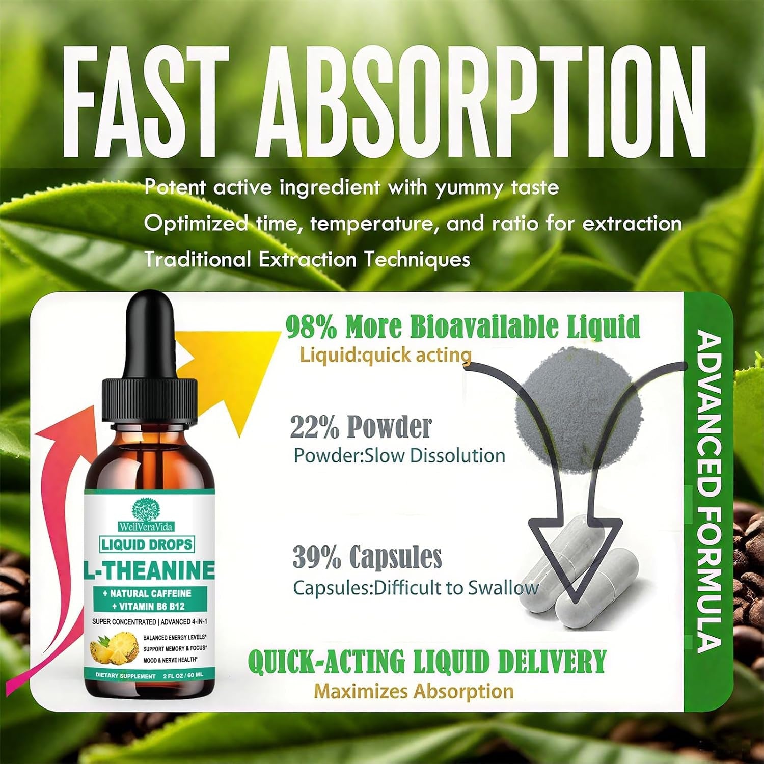Wellveravida L Theanine Caffeine Liquid Drops, High Potency L-Theanine 100Mg W. Caffeine Vitamin B12 B6, Natural Nootropic Brain for Smooth Energy Focus Alertness, 6X Stronger than Pills Powder Gum