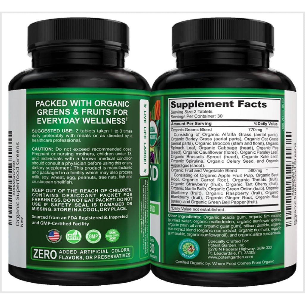 Potent Garden Organic Superfood Greens, Fruit and Veggies Supplement Rich in Vitamins & Antioxidants with Alfalfa, Beet Root & Tart Cherry to Boost Energy, Immunity & Gut Health, Greens Tablets 60 Ct