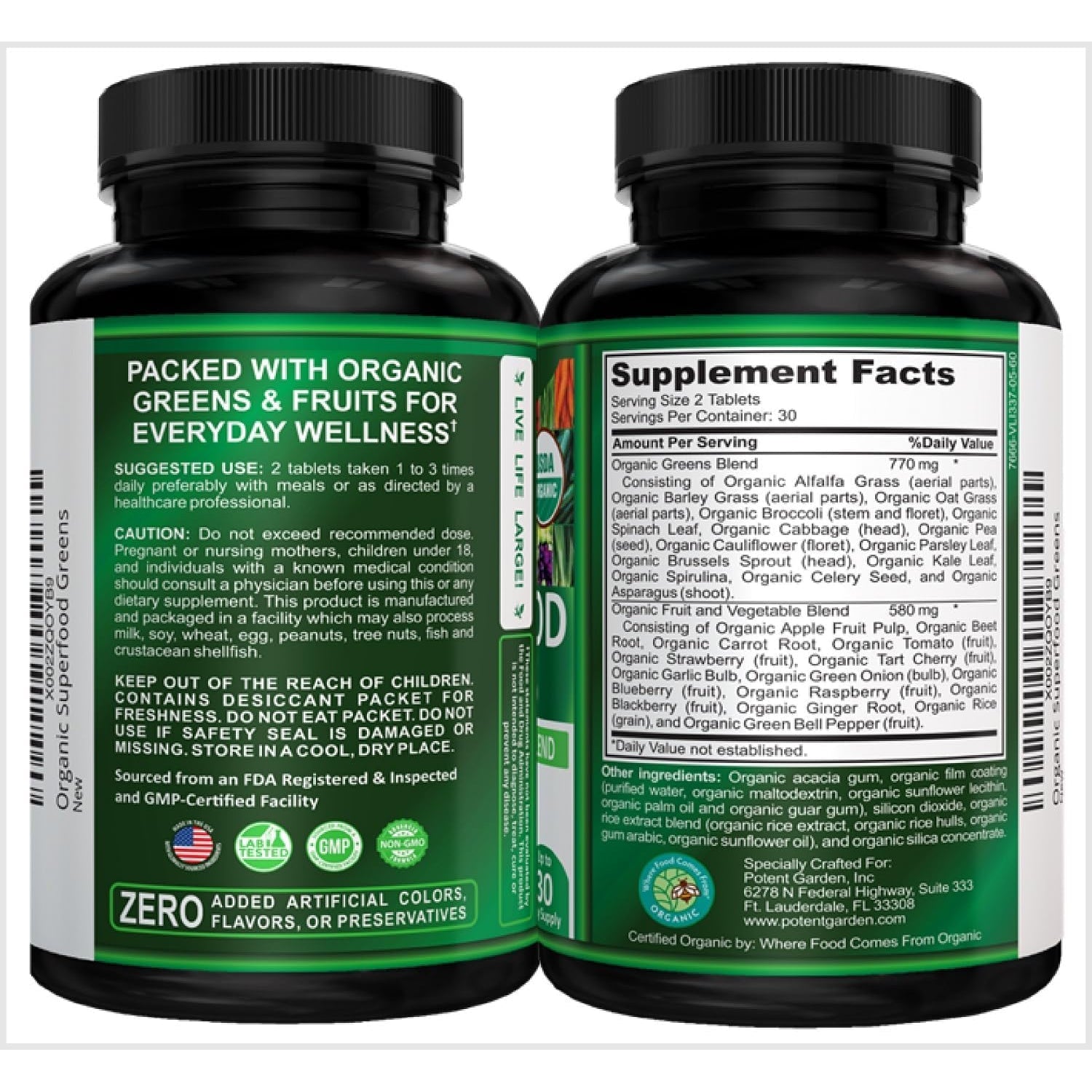 Potent Garden Organic Superfood Greens, Fruit and Veggies Supplement Rich in Vitamins & Antioxidants with Alfalfa, Beet Root & Tart Cherry to Boost Energy, Immunity & Gut Health, Greens Tablets 60 Ct