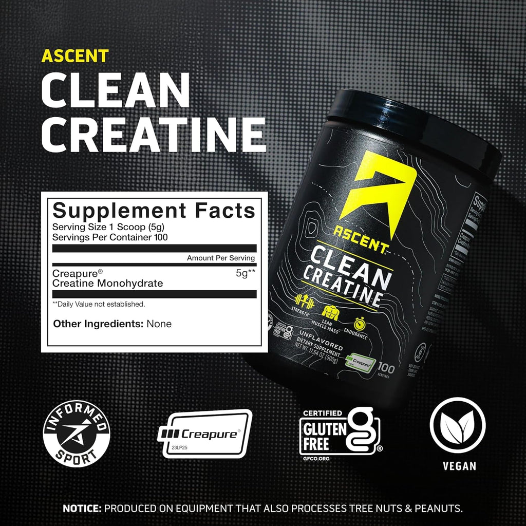 Ascent Clean Creatine Monohydrate Powder - 5G per Serving, Creapure Creatine Supplement - Unflavored, 100 Servings