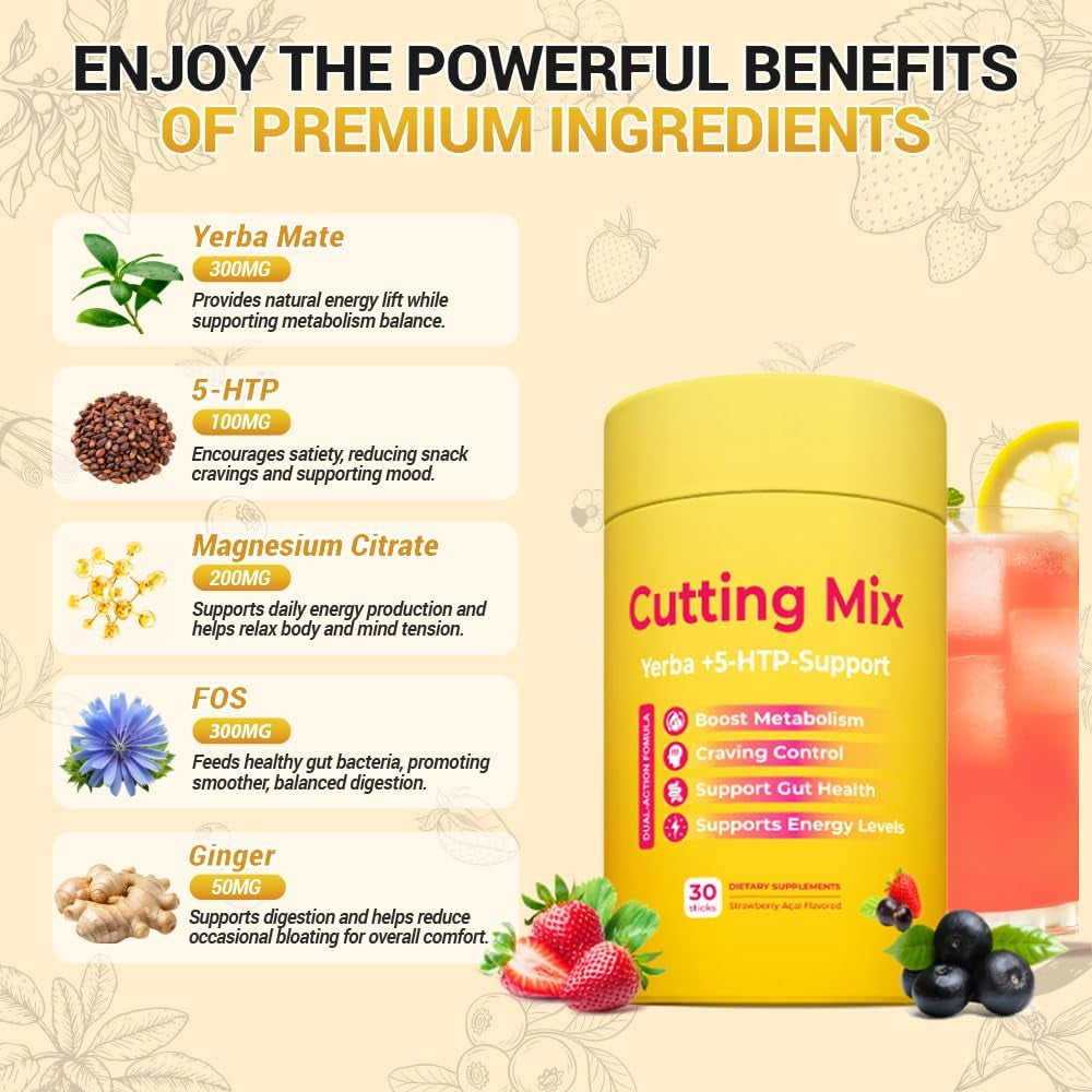 Cutting Drink Mix – Supports Digestive Health, Satiety, and Natural Energy with 5-HTP, Berberine, Cinnamon, Chromium, Yerba Mate, FOS - Strawberry Açaí Flavor - 30 Servings