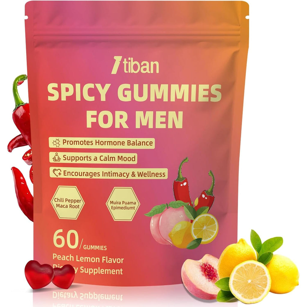 Spicy Gummies Cubes for Couples, Adults Hot Peach Gummy with Chili Pepper, Muira Puama, Maca Root and Epimedium, Plant-Based Daily Wellness Support, Vegan, Non-Gmo – 60 Gummies