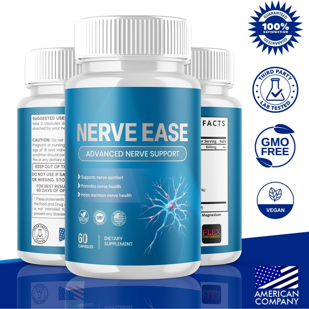 Nerve Ease Capsules, Nerveease Pills with All Natural Ingredients, Advanced Overall Health and Wellness Vitamin Supplement Formula for Maximum Strength Multivitamins Support (60 Capsules)
