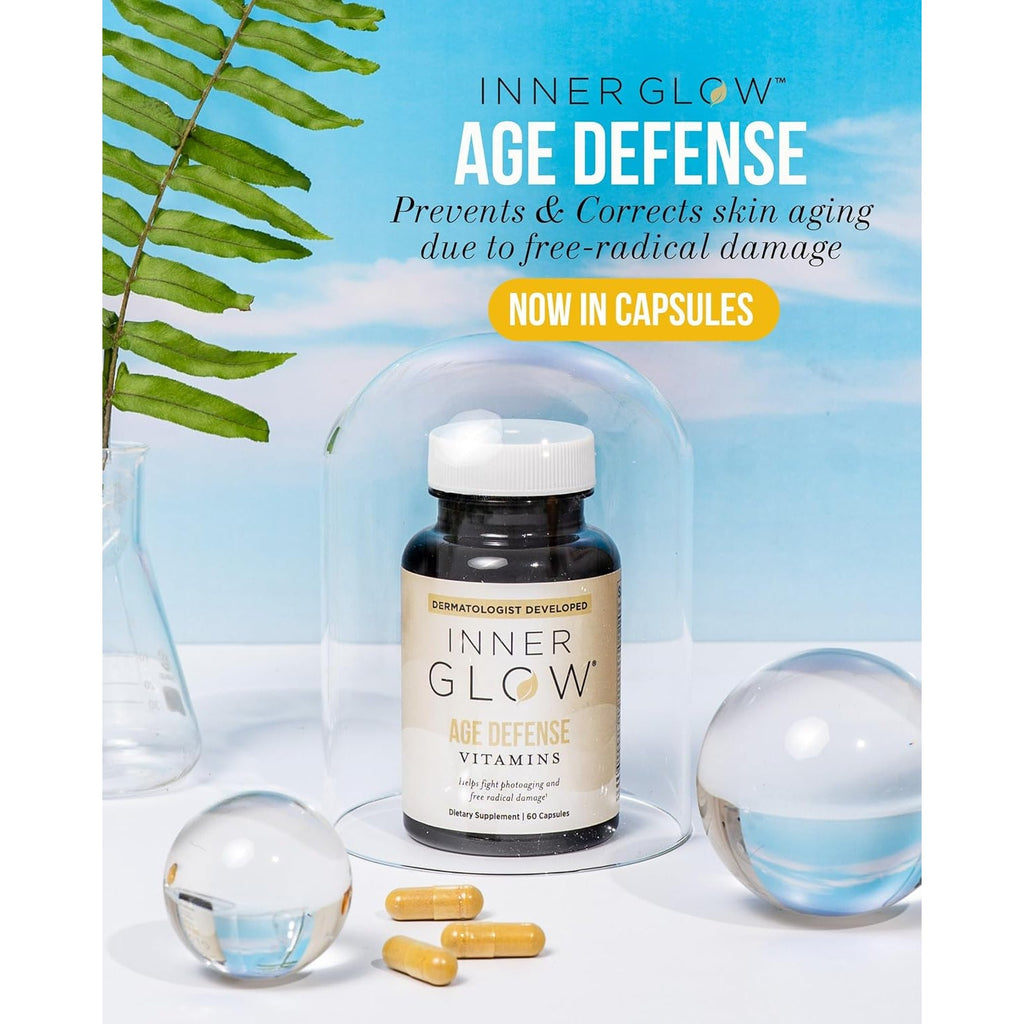 Inner Glow Age Defense Vitamins - Dermatologist and Plastic Surgeon Developed to Fight Photoaging and Melasma, Polypodium Leucotomos Antioxidant Formula – Vegan, Gluten-Free – 60 Capsules