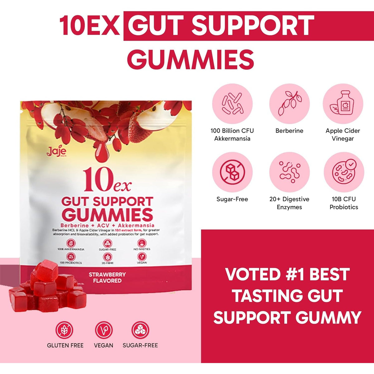 10Ex 3-In-1 Berberine Gummies, Gut Support Gummies. Gut Health, Digestion & Appetite Balance. 100 Billion CFU Akkermansia Probiotics, Apple Cider Vinegar Gummy. Sugar-Free, Vegan, Keto, Low-Carb 60Ct