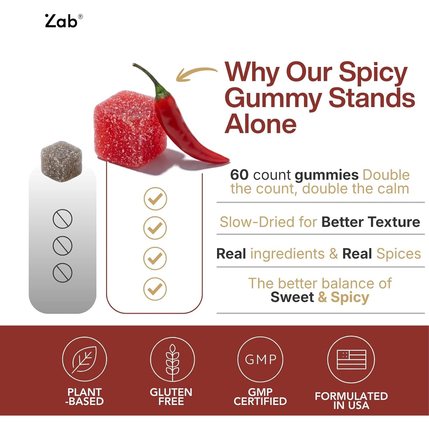 ZAB Spicy Gummies Ashwagandha 45Mg with L-Theanine & Caffeine – Energy, Calm & Mood Support Gummies for Couples – Vegan Yellow Peach Flavor Cubes, 60 Count