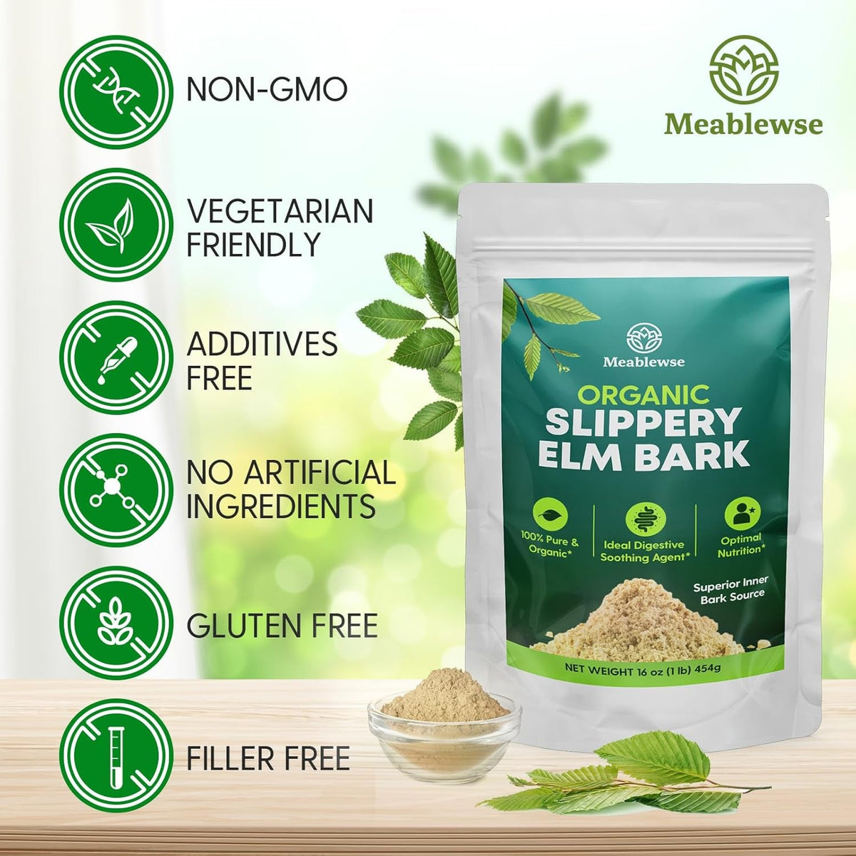 Slippery Elm, Natural Herbs Slippery Elm Powder for Soothing Throat* & Digestive, Diarrhea, PH Balance, Gut Health - with Superior Inner Bark Source, 100% Pure & Vegan, Non-Gmo, 1Lb (349 Servings)