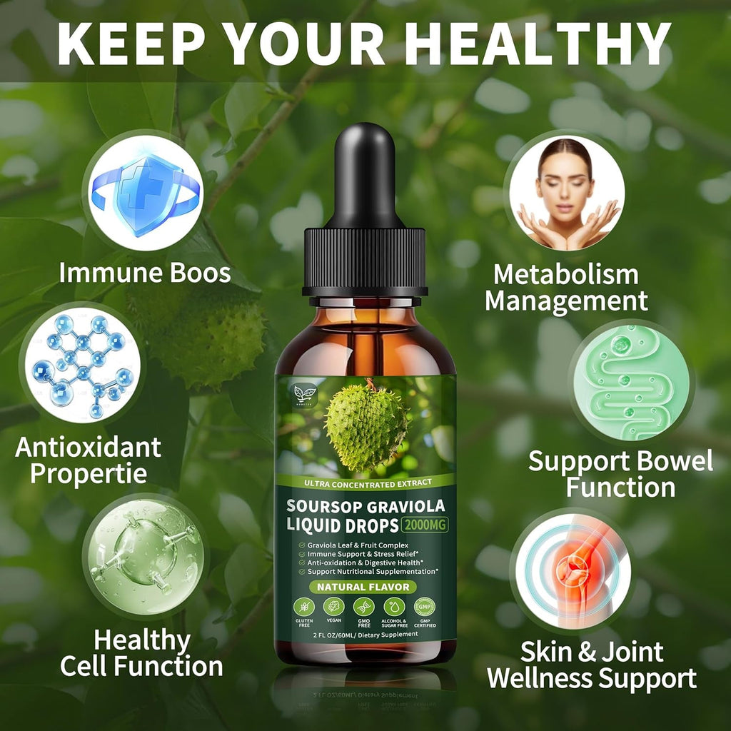 Soursop Graviola Liquid Drops 2000Mg, Organic Soursop Extract - 98% Absorption Soursop Bitters Liquid for Cell Support & Regeneration and Immune Boost, Sugar/Gluten Free, Natural Flavor, 2 Fl Oz