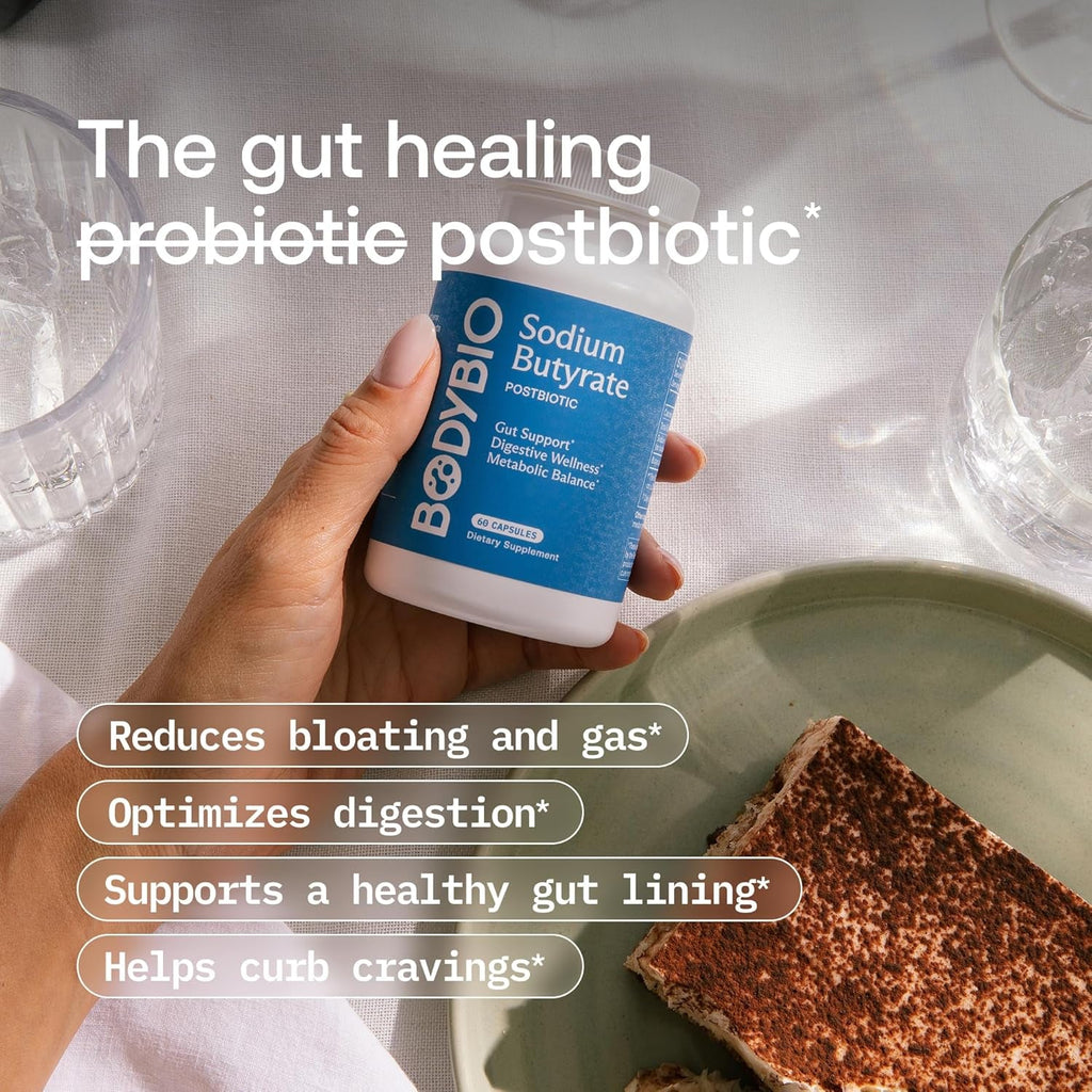 Bodybio Butyrate - Postbiotic for Gut Health, Digestive Support, Bloat, Gas & Constipation Relief, Leaky Gut Repair - Sodium + Butyric Acid Supplement for GI Wellness