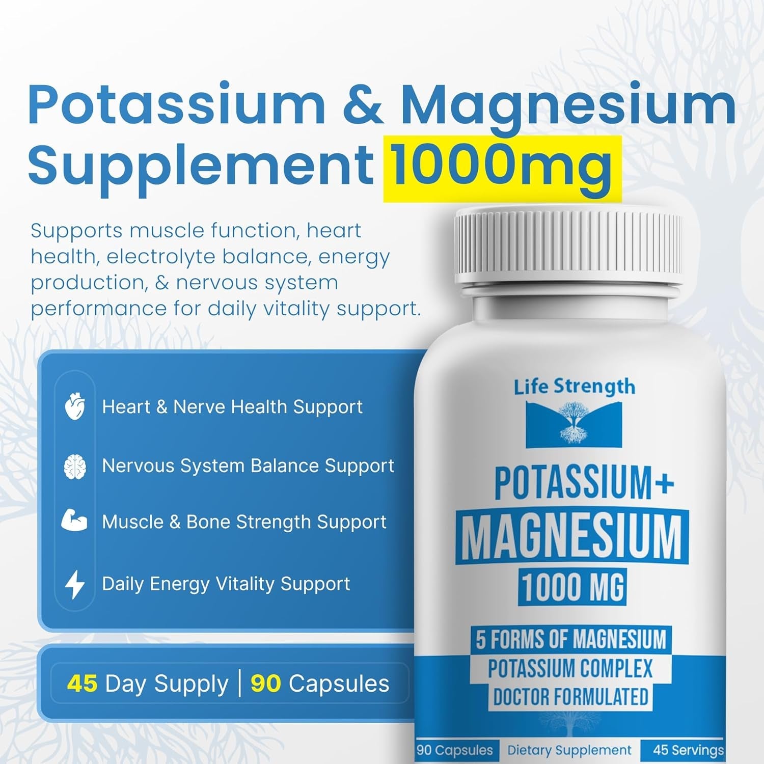 Life Strength, Potassium Magnesium Supplement 1000Mg - 90 Capsules – Potassium & Magnesium Complex with Aspartate, Glycinate, Oxide, Gluconate & Citrate – Muscle, Leg & Electrolyte Support