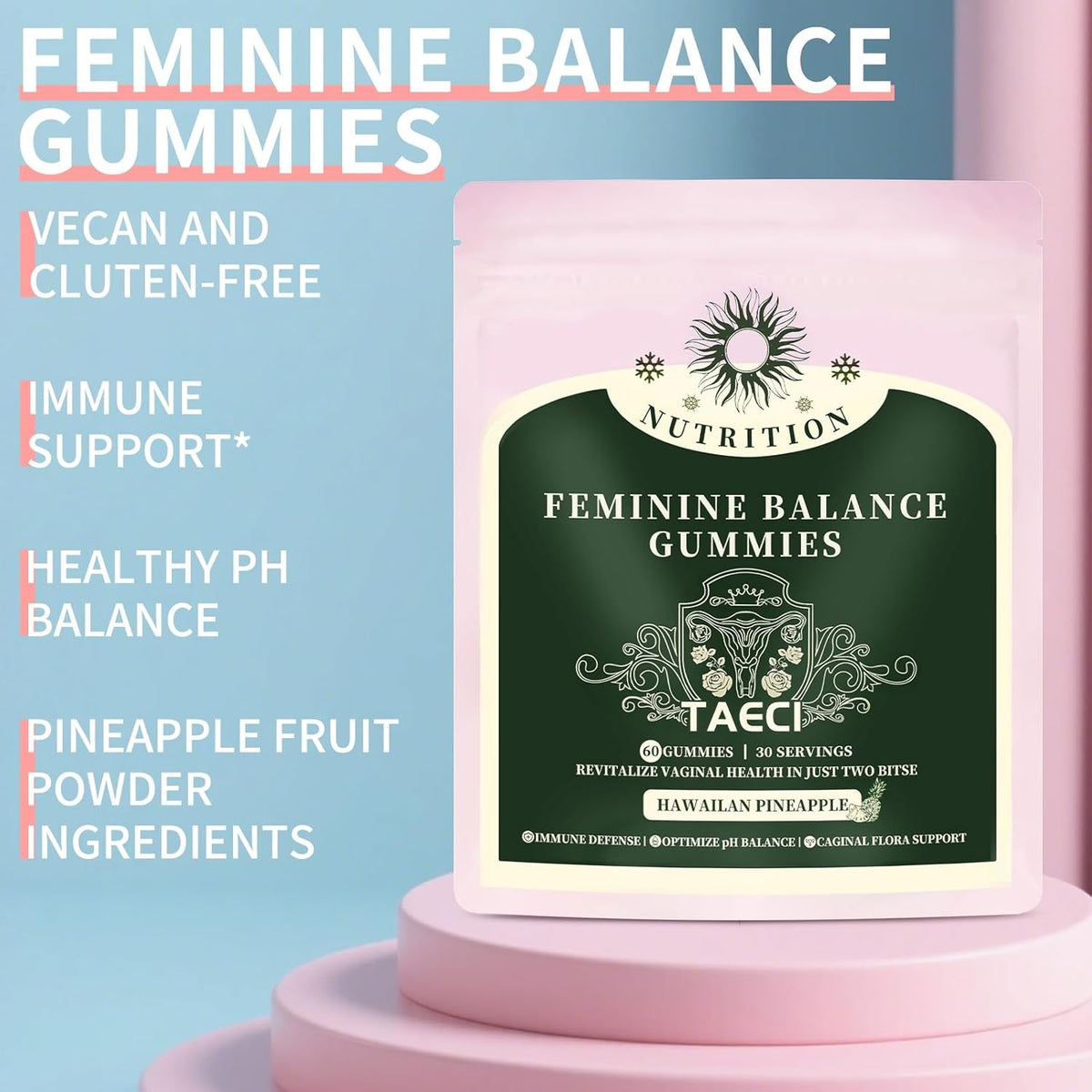 Feminine Balance Gummies for Women – Daily Ph & Probiotic Support with Pineapple & Vitamin C, Supports Flora & Immune Health, Vegan & Gluten-Free, 60 Gummies (30-Day Supply)