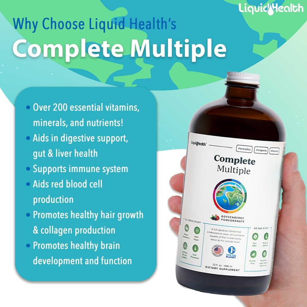 LIQUIDHEALTH Complete Multiple Adult Liquid Multivitamin - Essential Vitamins, Minerals & Nutrients, Immune Support, Gut Health, Energy, Detox - Made in USA, Vegan, Non-Gmo, Sugar-Free (32 Oz)