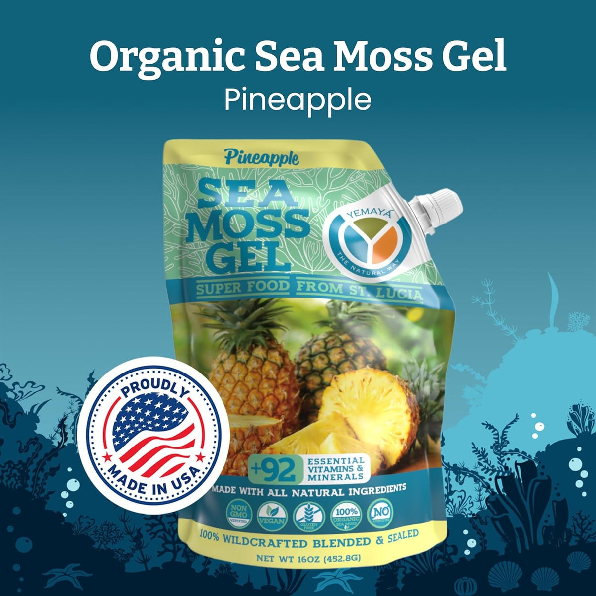 Yemayá Sea Moss Gel with Pineapple Flavor | Wildcrafted Sea Moss from St. Lucia | Vegan, Non-Gmo, Gluten Free | 16 Oz