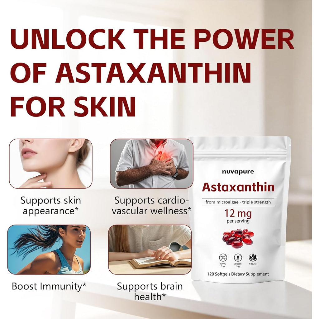 Nuvapure Astaxanthin 12Mg Softgels – Triple Strength Astaxanthin from Microalgae, Non-Gmo, Gluten Free, Antioxidant Dietary Supplement, 120 Softgels