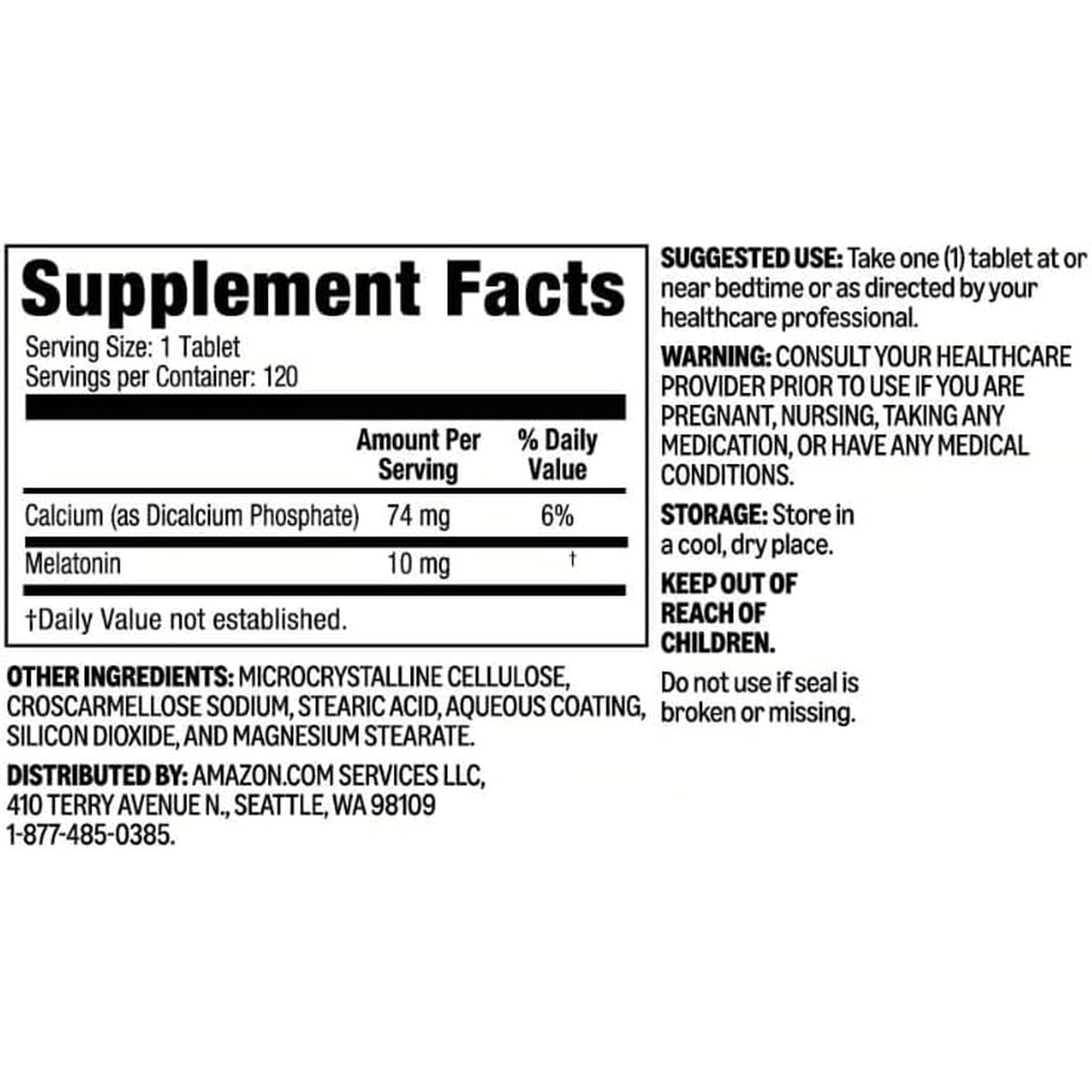 Amazon Basics Extra Strength Melatonin Tablets, 10 Mg, 120 Count