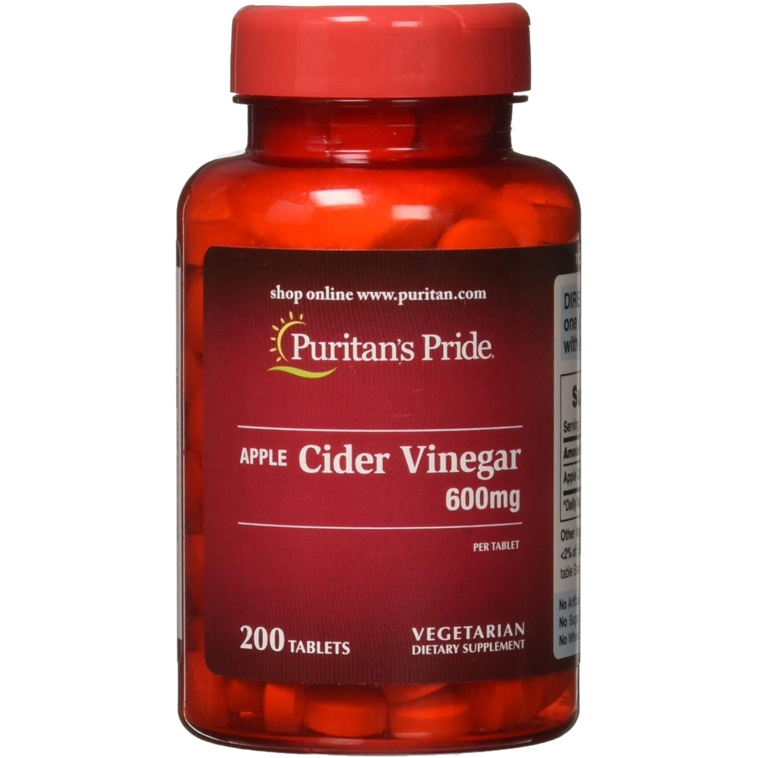Puritan'S Pride Apple Cider Vinegar 600 Mg, Vegetarian Dietary Supplement, 6 Month Supply, 200 Tablets (Packing May Vary)