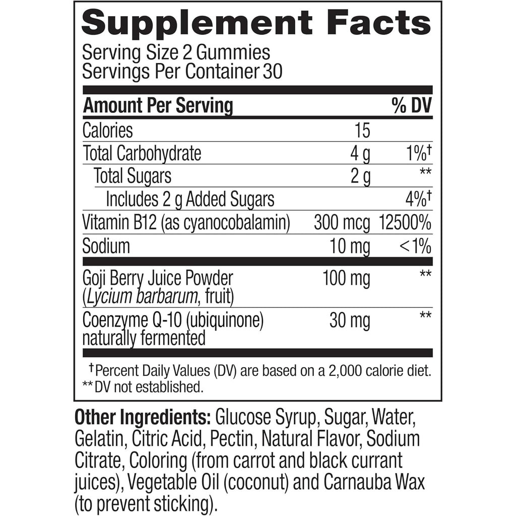 OLLY Daily Energy Gummy, Caffeine Free, Vitamin B12, Coq10, Goji Berry, Adult Chewable Supplement, Tropical Flavor - 60 Count